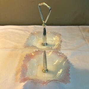 Milk glass with pink tiered vanity tidbit tray